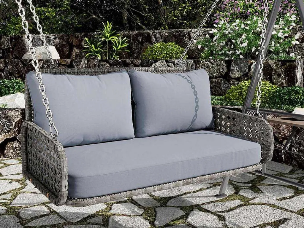Pe Rotan Hangstoel - Tuinschommel - 2 Plaatsen - Met Kussens - Grijs-ModernLuxe Outlet