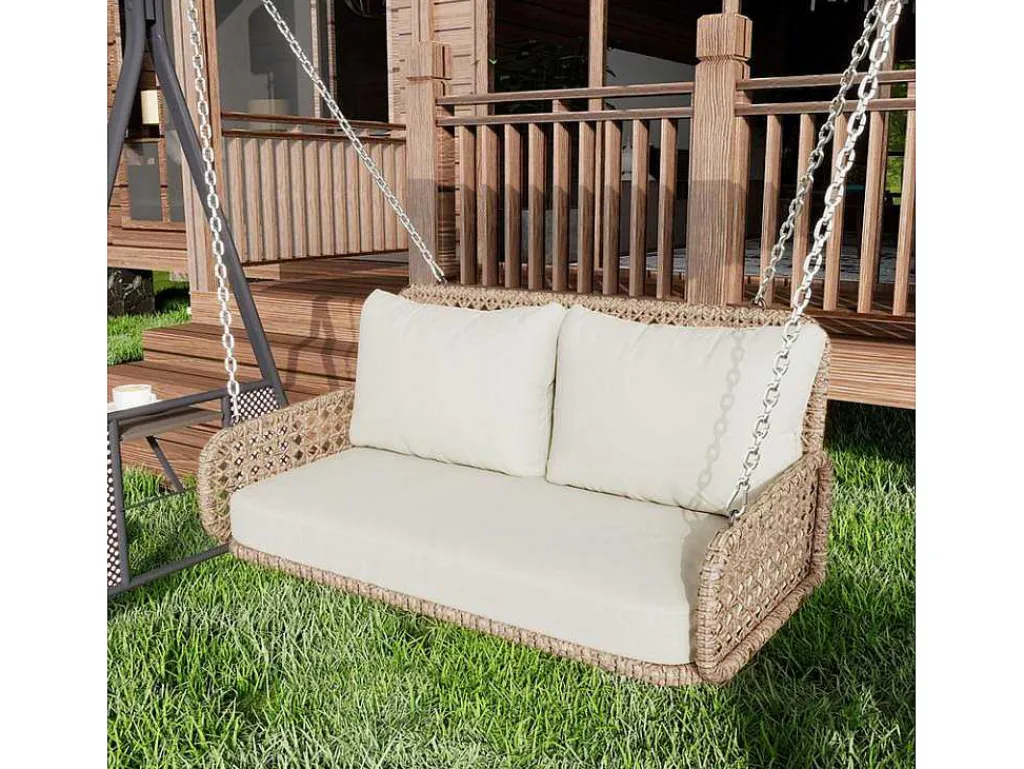 Pe Rotan Hangstoel - Tuinschommel - 2 Plaatsen - Met Kussens - Beige-ModernLuxe Discount
