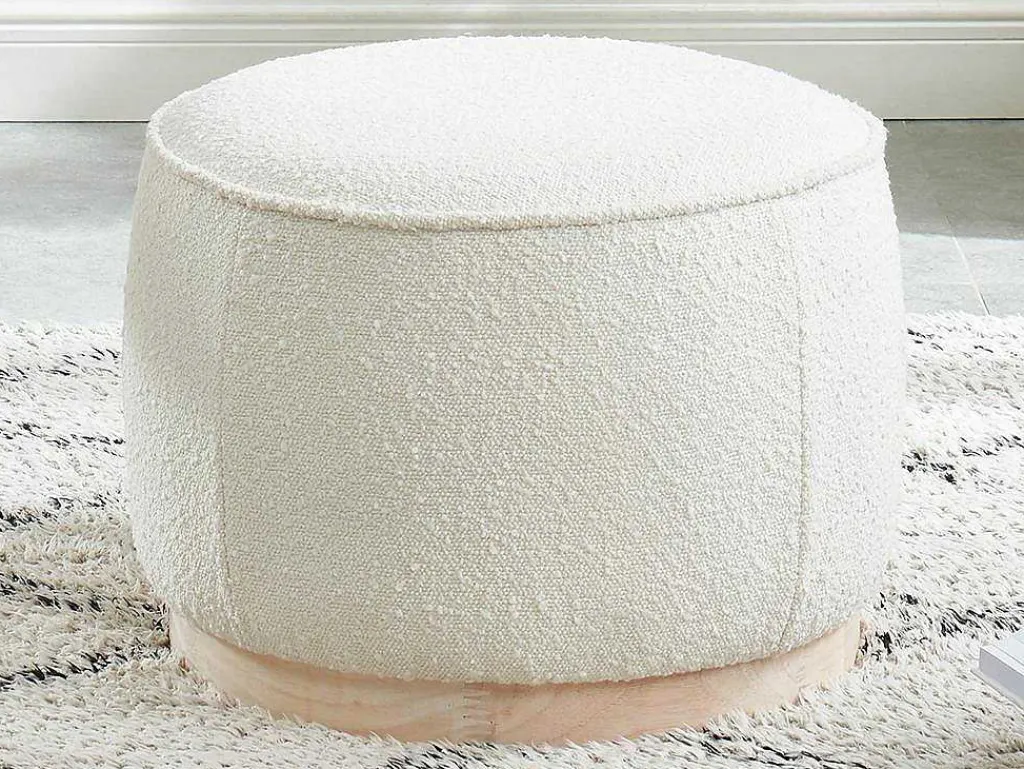 Poef Van Boucle Stof Met Voet In Lichtkleurig Hout - Miloden-Vente-unique New