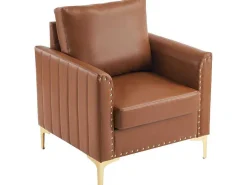 Pu Lederen Fauteuil Met Kussen - Metalen Poten - Bruin-Vente-unique Discount