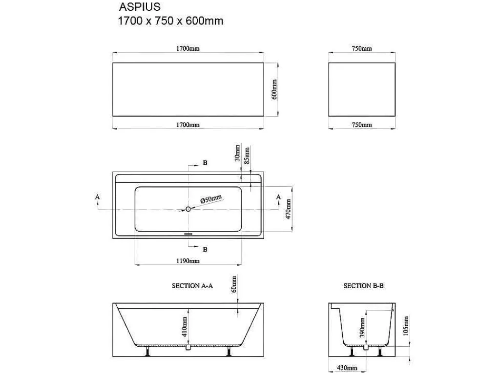 Rechthoekig Eilandbad - 280 L - 170 X 75 X 60 Cm - Wit - Acryl - Aspius-Shower & Design Online