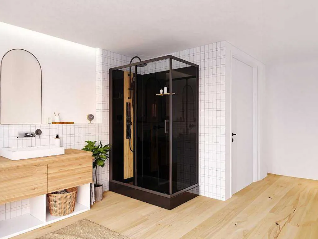 Rechthoekige Hydromassage Douchecabine Met Bamboe - Omkeerbare Installatie - Mat Zwart - L120 X B80 X H225 Cm - Vituna-Shower & Design New