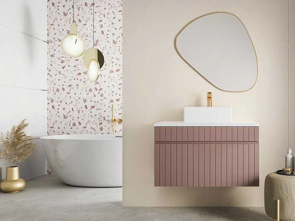 Roze Hangmeubel Met Strepen Voor Onder Wastafel Met Plank - 80 Cm - Satara-Vente-unique New