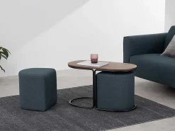 Salontafel + 2 Poefs Van Stof - Naturel En Blauw - Adar-Vente-unique Discount