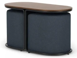 Salontafel + 2 Poefs Van Stof - Naturel En Blauw - Adar-Vente-unique Discount