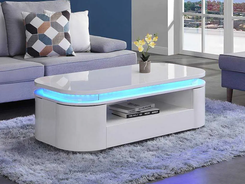 Salontafel Met 4 Kasten En 1 Lade - Leds - Mdf - Witgelakt - Vandana-Vente-unique Clearance