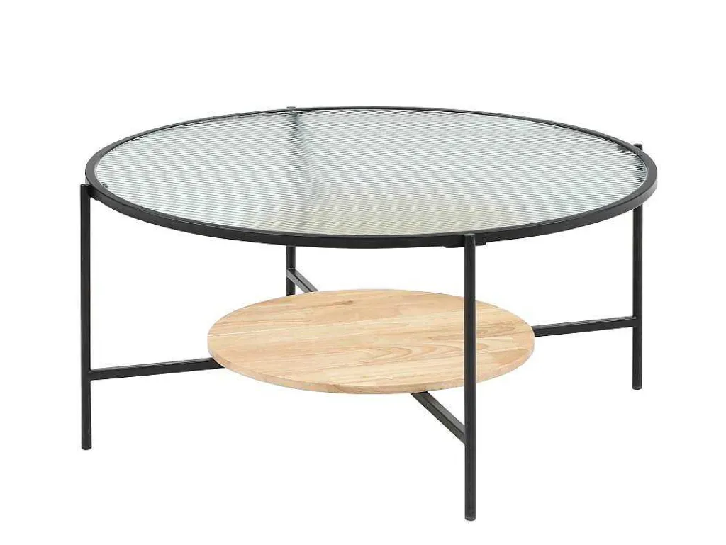 Salontafel Met 1 Plank - Glas, Heveahout En Metaal - Naturel En Zwart - Munita-Vente-unique Best