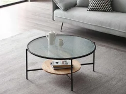 Salontafel Met 1 Plank - Glas, Heveahout En Metaal - Naturel En Zwart - Munita-Vente-unique Best