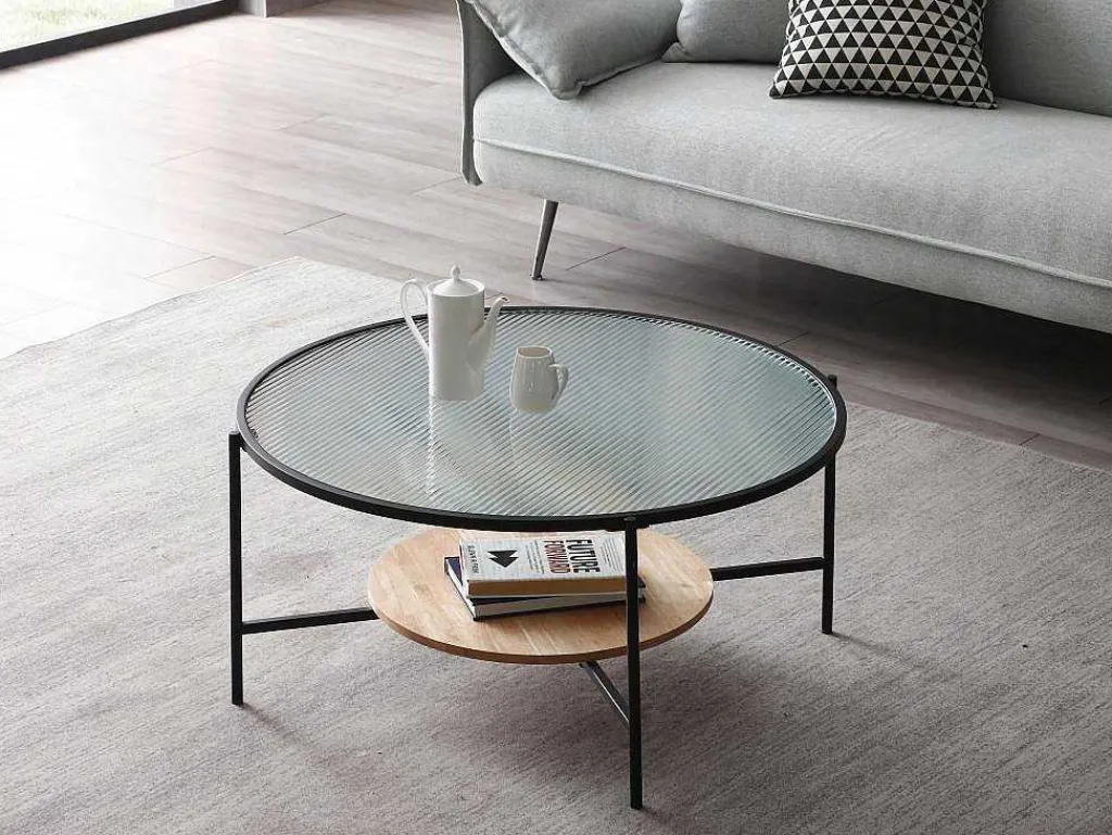 Salontafel Met 1 Plank - Glas, Heveahout En Metaal - Naturel En Zwart - Munita-Vente-unique Best