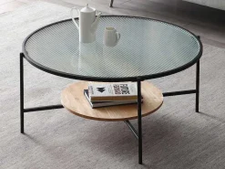 Salontafel Met 1 Plank - Glas, Heveahout En Metaal - Naturel En Zwart - Munita-Vente-unique Best