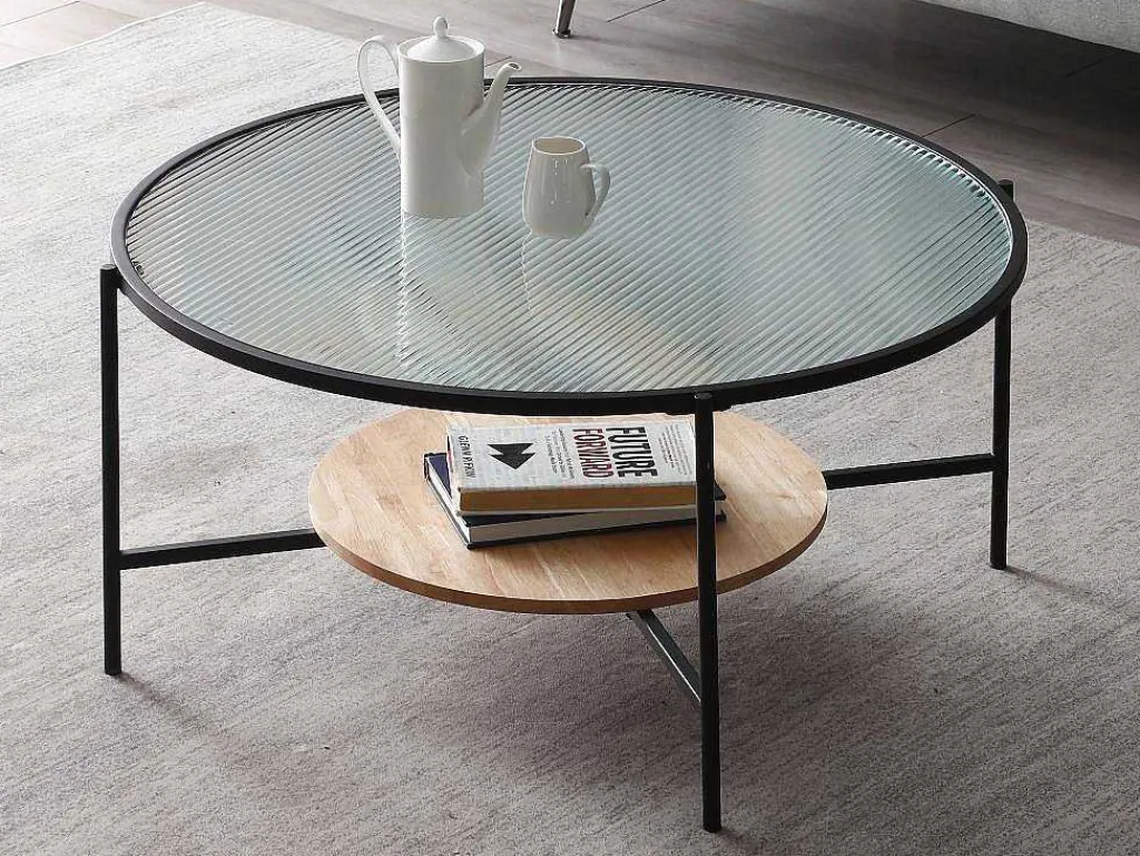 Salontafel Met 1 Plank - Glas, Heveahout En Metaal - Naturel En Zwart - Munita-Vente-unique Best
