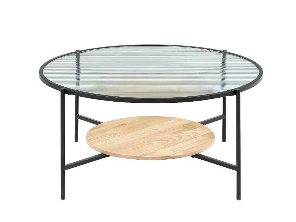 Salontafel Met 1 Plank - Glas, Heveahout En Metaal - Naturel En Zwart - Munita-Vente-unique Best