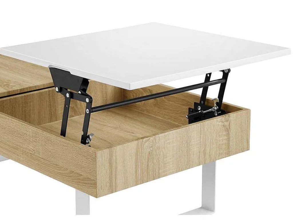 Salontafel Met Afneembaar Tafelblad En 1 Lade - Mdf En Staal - Naturel En Wit - Balun-Vente-unique New