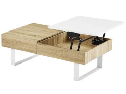 Salontafel Met Afneembaar Tafelblad En 1 Lade - Mdf En Staal - Naturel En Wit - Balun-Vente-unique New