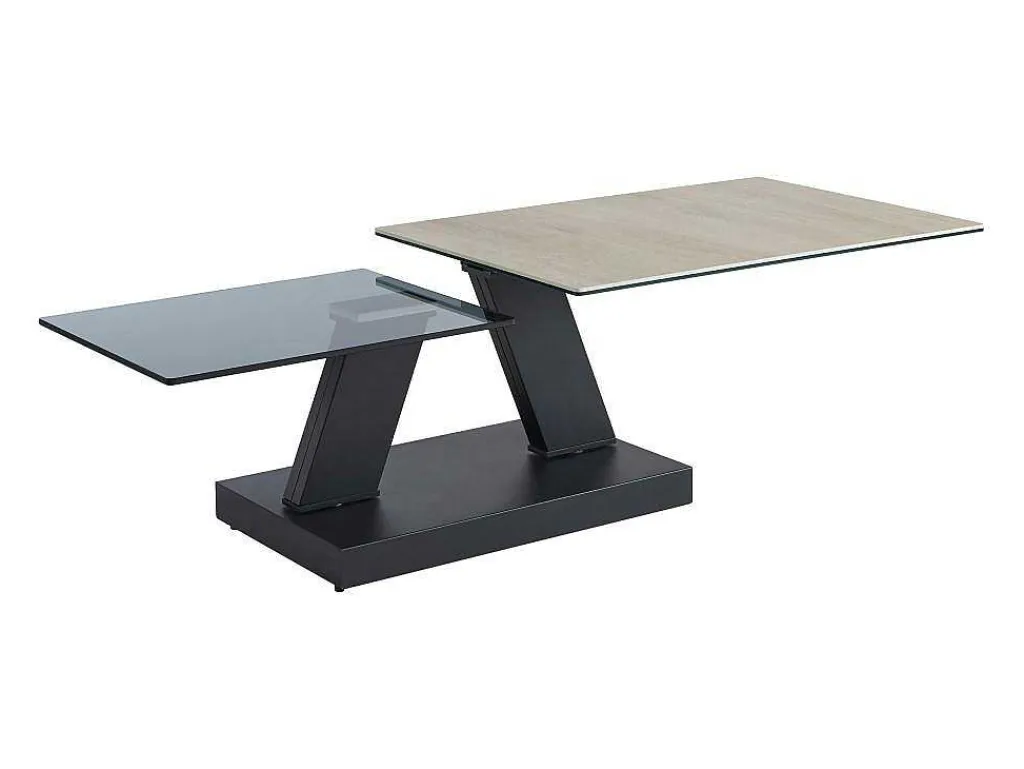 Salontafel Met Draaibladen - Keramiek, Gerookt Gehard Glas En Metaal - Zwart En Naturel - Oyrus Van Maison Cephy-Maison Céphy Best