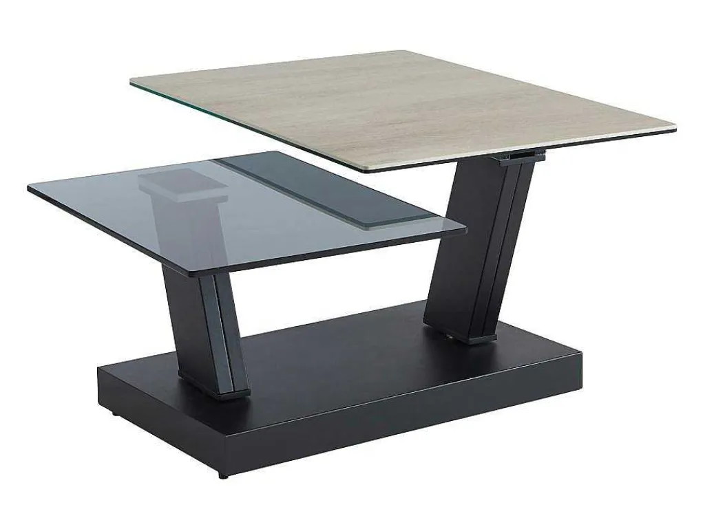 Salontafel Met Draaibladen - Keramiek, Gerookt Gehard Glas En Metaal - Zwart En Naturel - Oyrus Van Maison Cephy-Maison Céphy Best