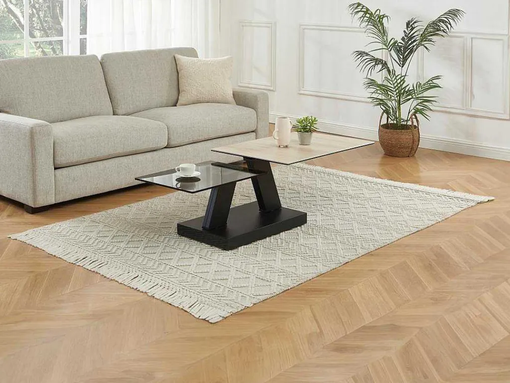 Salontafel Met Draaibladen - Keramiek, Gerookt Gehard Glas En Metaal - Zwart En Naturel - Oyrus Van Maison Cephy-Maison Céphy Best