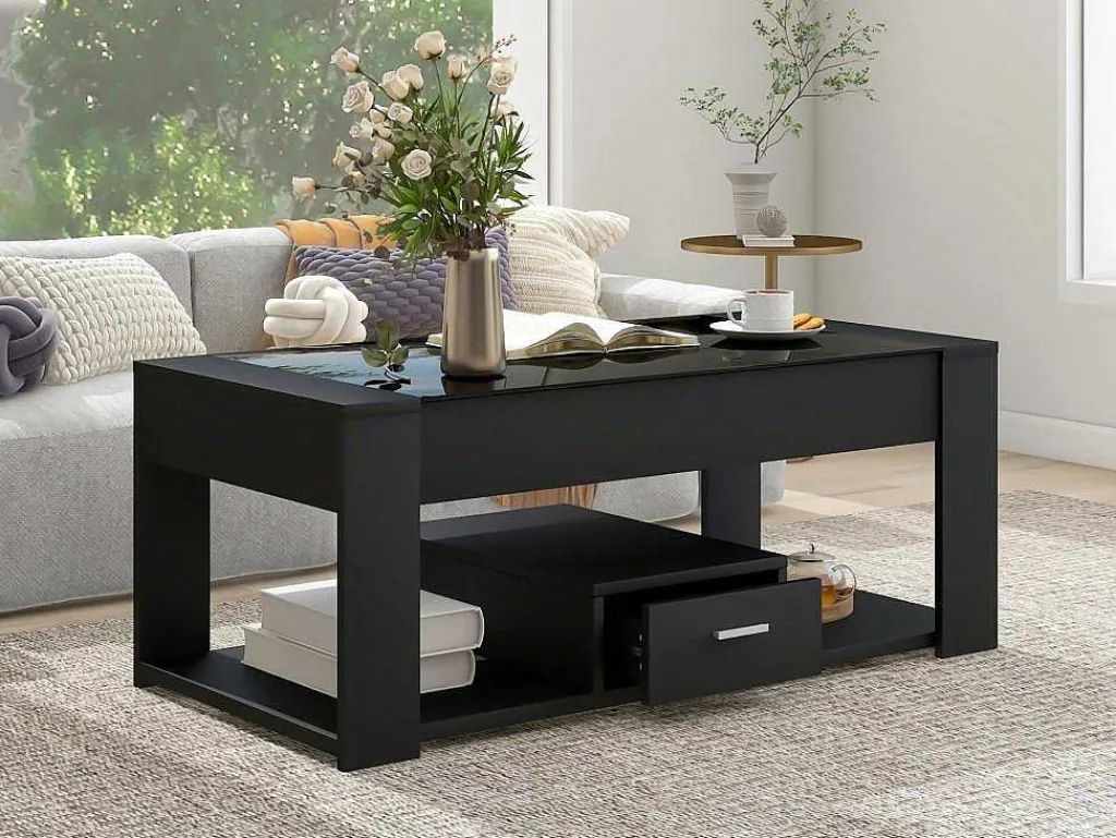 Salontafel Met Een Lade - Glazen Blad - Zwart-ModernLuxe Discount