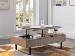 Salontafel Met Verstelbaar Blad En 1 Lade Van Mdf En Metaal - Donker Natuurlijk - Dalaho-Vente-unique Best