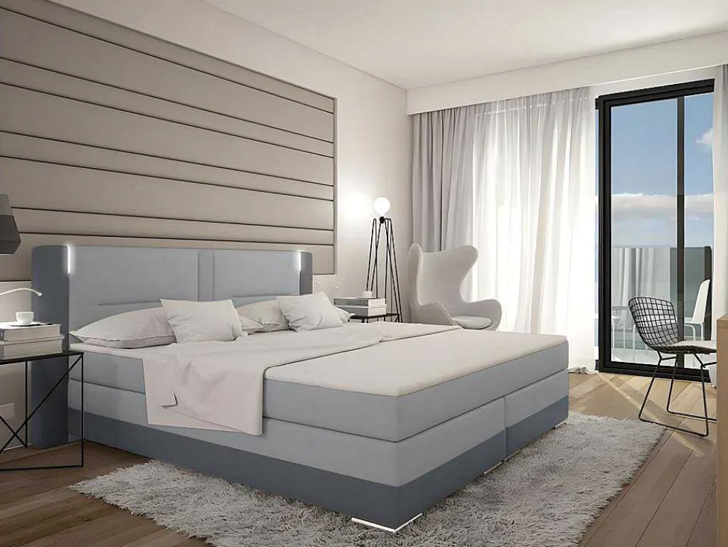 Samenstelling Boxspring Hoofdbord Met Leds + Lattenbodems + Matras + Dekmatras Asti Van Ysmee - 160 X 200 Cm - Antraciet En Lichtgrijs-Ysmée Outlet