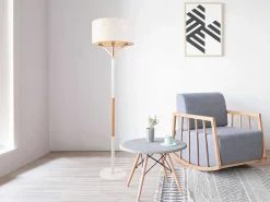 Scandinavische Staande Lamp Van Metaal, Linnen En Hevea - D44 X H164 Cm - Naturel En Wit - Addis-OZAIA Discount