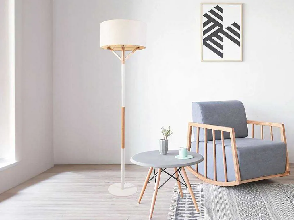 Scandinavische Staande Lamp Van Metaal, Linnen En Hevea - D44 X H164 Cm - Naturel En Wit - Addis-OZAIA Discount