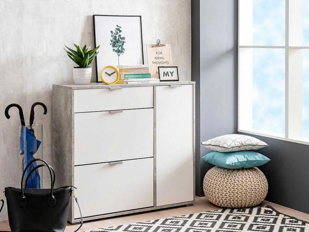 Schoenenkast Arietta - 2 Vlakken, 1 Deur En 1 Lade - Kleur: Wit & Beton-Vente-unique