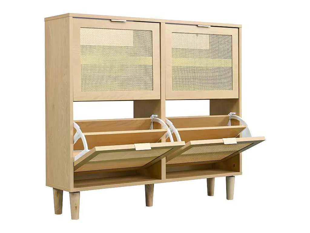 Schoenenkast In Hout En Rotan - 4 Klepdeuren - Naturel-ModernLuxe