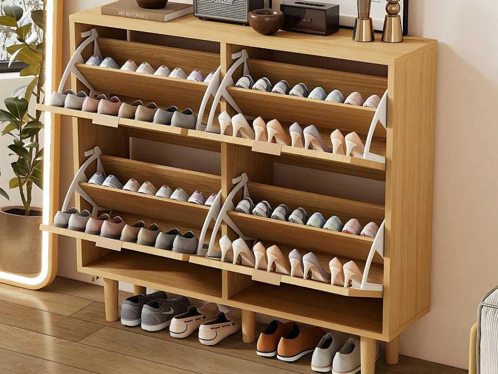 Schoenenkast In Hout En Rotan - 4 Klepdeuren - Naturel-ModernLuxe