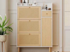 Schoenenkast In Hout En Rotan - 3 Klepdeuren En 1 Lade - Verstelbare Plank - Naturel & Wit-ModernLuxe Best