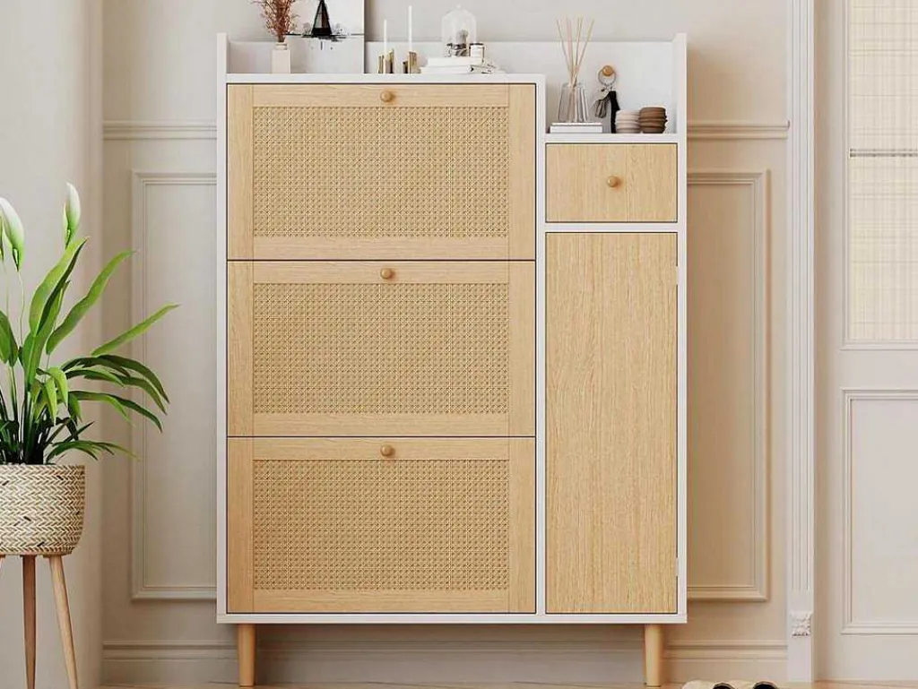 Schoenenkast In Hout En Rotan - 3 Klepdeuren En 1 Lade - Verstelbare Plank - Naturel & Wit-ModernLuxe Best