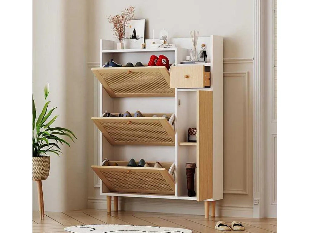 Schoenenkast In Hout En Rotan - 3 Klepdeuren En 1 Lade - Verstelbare Plank - Naturel & Wit-ModernLuxe Best