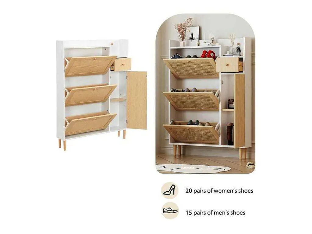 Schoenenkast In Hout En Rotan - 3 Klepdeuren En 1 Lade - Verstelbare Plank - Naturel & Wit-ModernLuxe Best