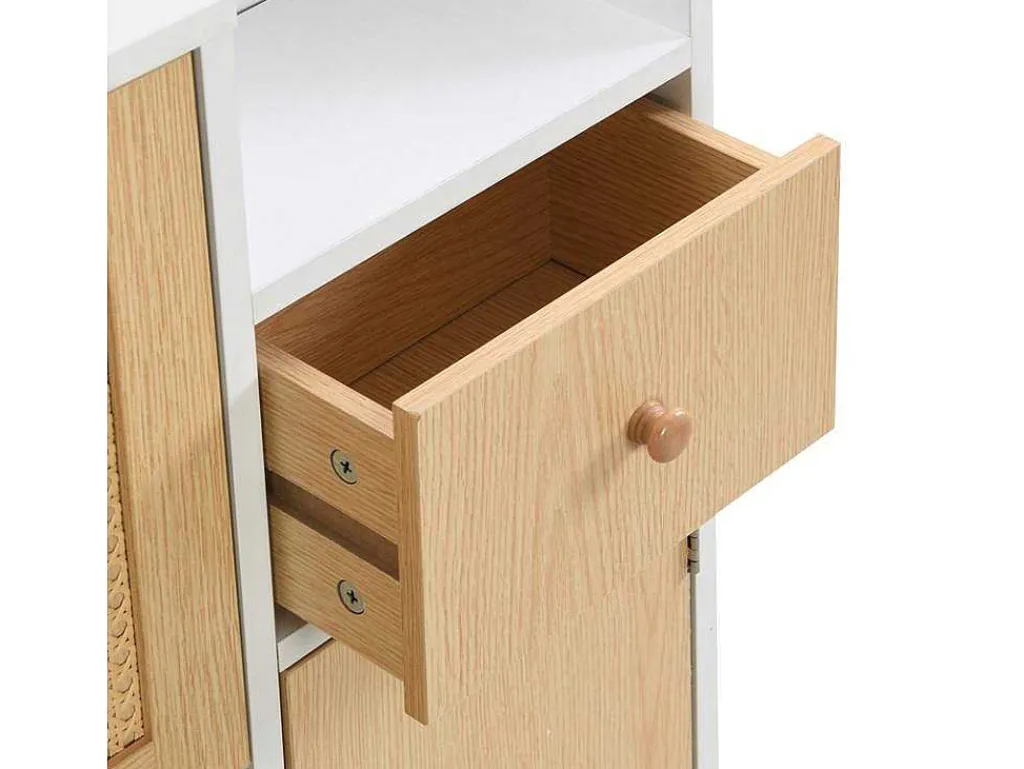 Schoenenkast In Hout En Rotan - 3 Klepdeuren En 1 Lade - Verstelbare Plank - Naturel & Wit-ModernLuxe Best