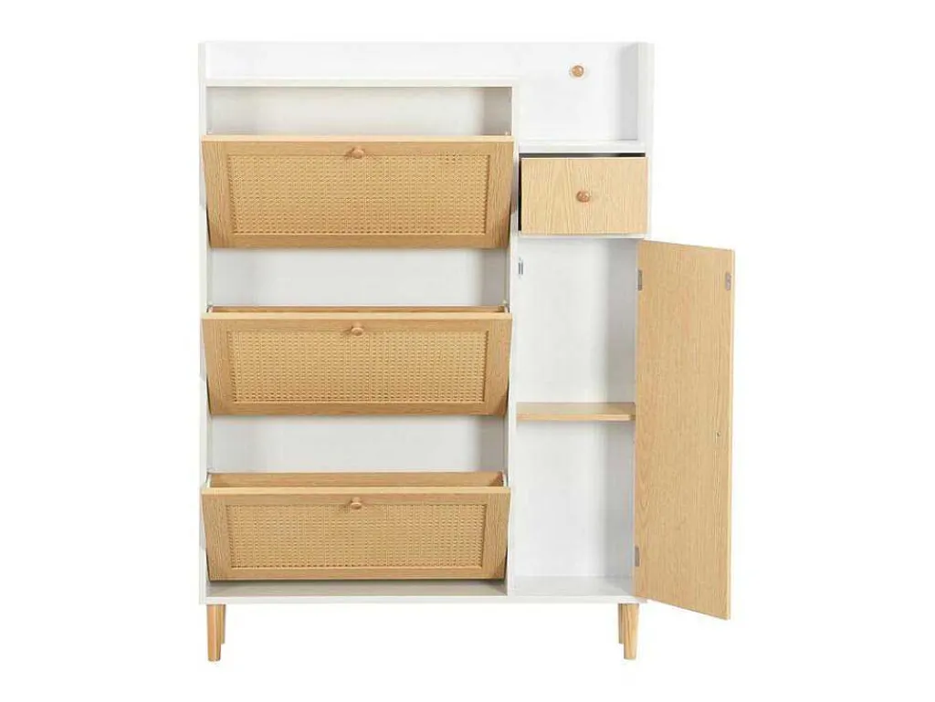 Schoenenkast In Hout En Rotan - 3 Klepdeuren En 1 Lade - Verstelbare Plank - Naturel & Wit-ModernLuxe Best