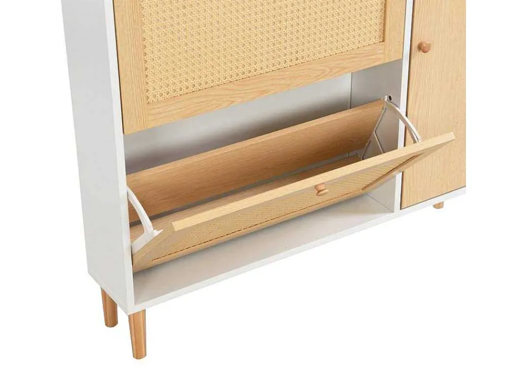 Schoenenkast In Hout En Rotan - 3 Klepdeuren En 1 Lade - Verstelbare Plank - Naturel & Wit-ModernLuxe Best