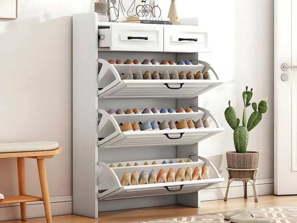 Schoenenkast In Spaanplaat - 3 Klepdeuren En 2 Laden - Wit-ModernLuxe Discount