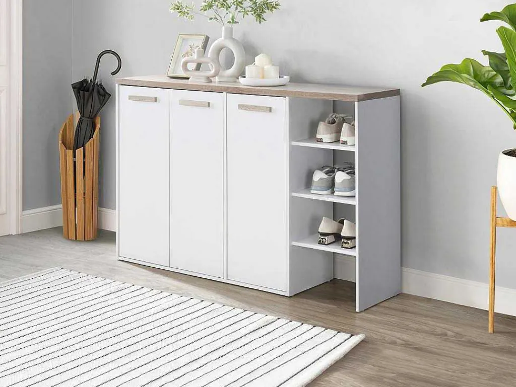 Schoenenkast Met 3 Deuren En 3 Opbergvakken Wit En Houtlook Skaido-Vente-unique Clearance