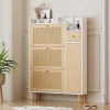 Schoenenkast Met 3 Klepdeuren En 1 Lade Afmeting 90L X 17B X 125H Cm Houtlook Rotan Rieteffect Kleur Wit + Eiken-Vente-unique Best