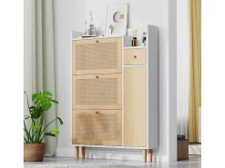 Schoenenkast Met 3 Klepdeuren En 1 Lade Afmeting 90L X 17B X 125H Cm Houtlook Rotan Rieteffect Kleur Wit + Eiken-Vente-unique Best