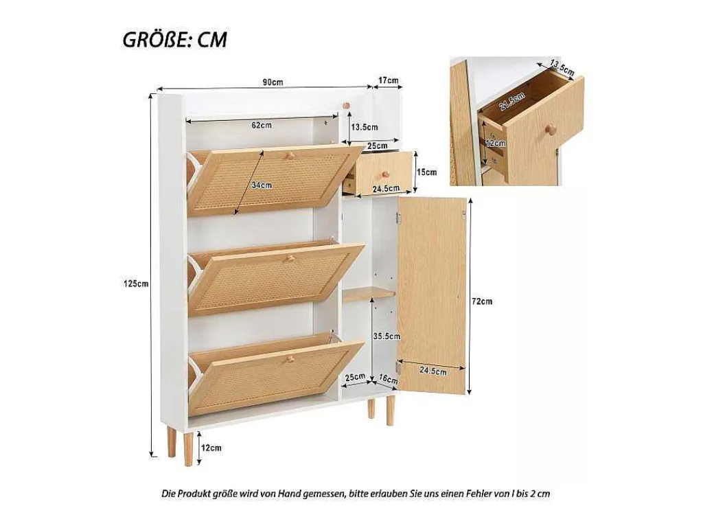 Schoenenkast Met 3 Klepdeuren En 1 Lade Afmeting 90L X 17B X 125H Cm Houtlook Rotan Rieteffect Kleur Wit + Eiken-Vente-unique Best