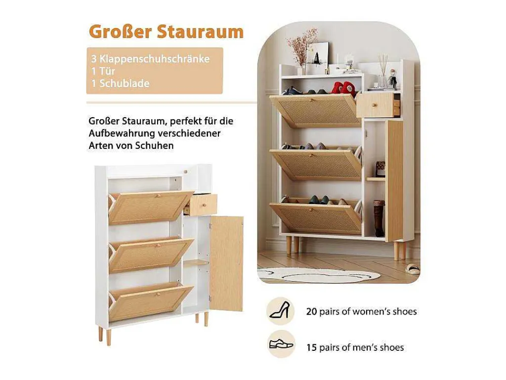 Schoenenkast Met 3 Klepdeuren En 1 Lade Afmeting 90L X 17B X 125H Cm Houtlook Rotan Rieteffect Kleur Wit + Eiken-Vente-unique Best