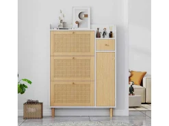 Schoenenkast Met 3 Klepdeuren En 1 Lade Afmeting 90L X 17B X 125H Cm Houtlook Rotan Rieteffect Kleur Wit + Eiken-Vente-unique Best