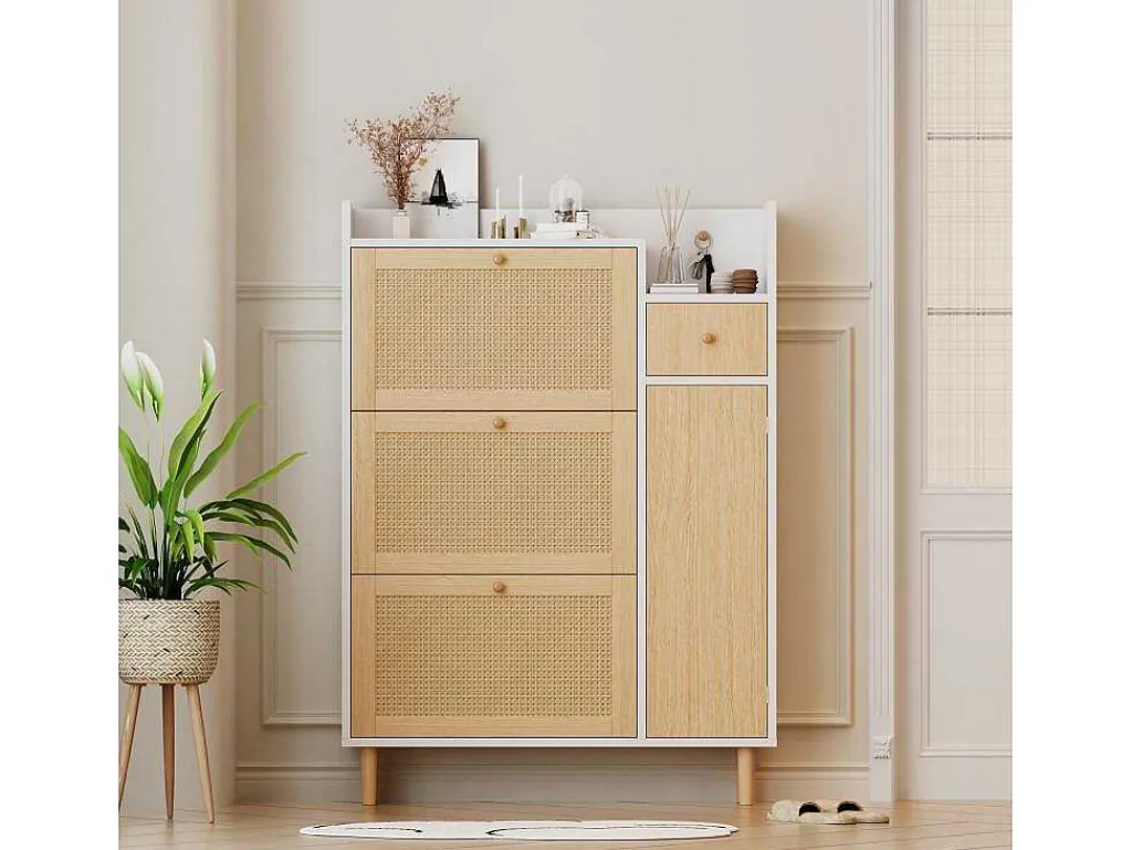 Schoenenkast Met 3 Klepdeuren En 1 Lade Afmeting 90L X 17B X 125H Cm Houtlook Rotan Rieteffect Kleur Wit + Eiken-Vente-unique Best
