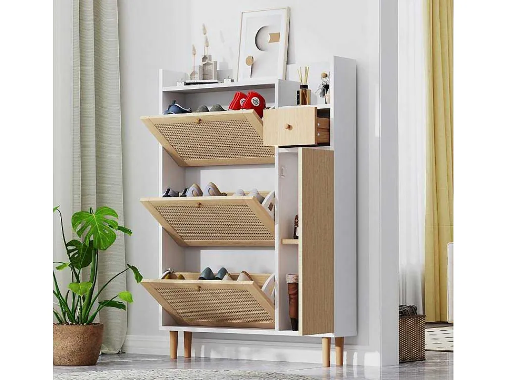 Schoenenkast Met 3 Klepdeuren En 1 Lade Afmeting 90L X 17B X 125H Cm Houtlook Rotan Rieteffect Kleur Wit + Eiken-Vente-unique Best