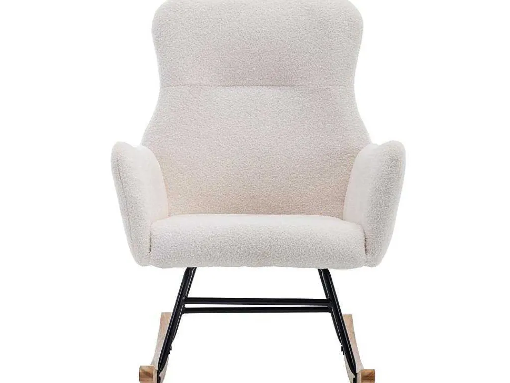 Schommelstoel - Relaxstoel Voor In De Woonkamer - Opgevuld Met Teddypluche - Vakjes Aan De Zijkant Van De Armleuningen - Houten Onderstel - Wit-ModernLuxe Best