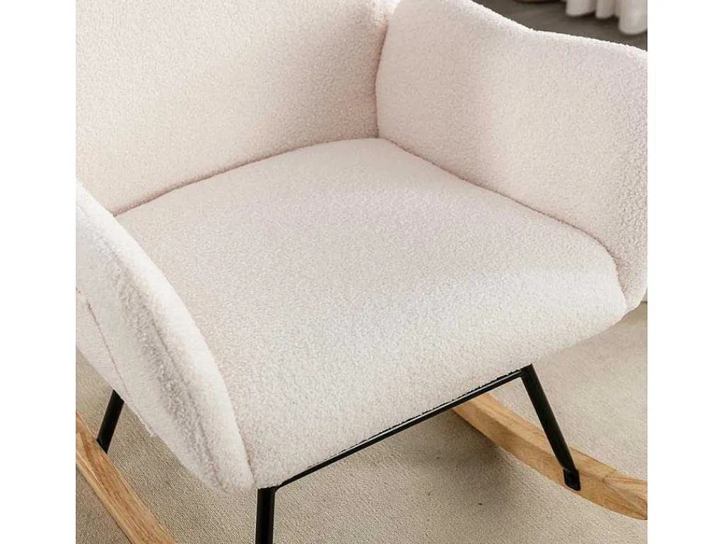 Schommelstoel - Relaxstoel Voor In De Woonkamer - Opgevuld Met Teddypluche - Vakjes Aan De Zijkant Van De Armleuningen - Houten Onderstel - Wit-ModernLuxe Best