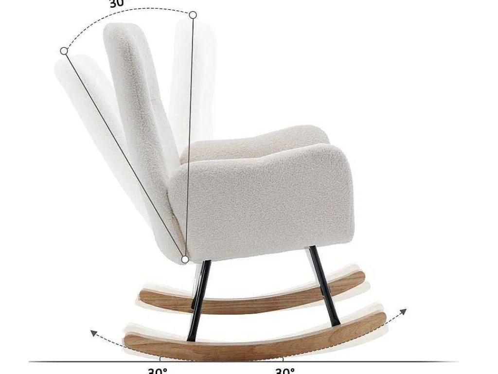 Schommelstoel - Relaxstoel Voor In De Woonkamer - Opgevuld Met Teddypluche - Vakjes Aan De Zijkant Van De Armleuningen - Houten Onderstel - Wit-ModernLuxe Best