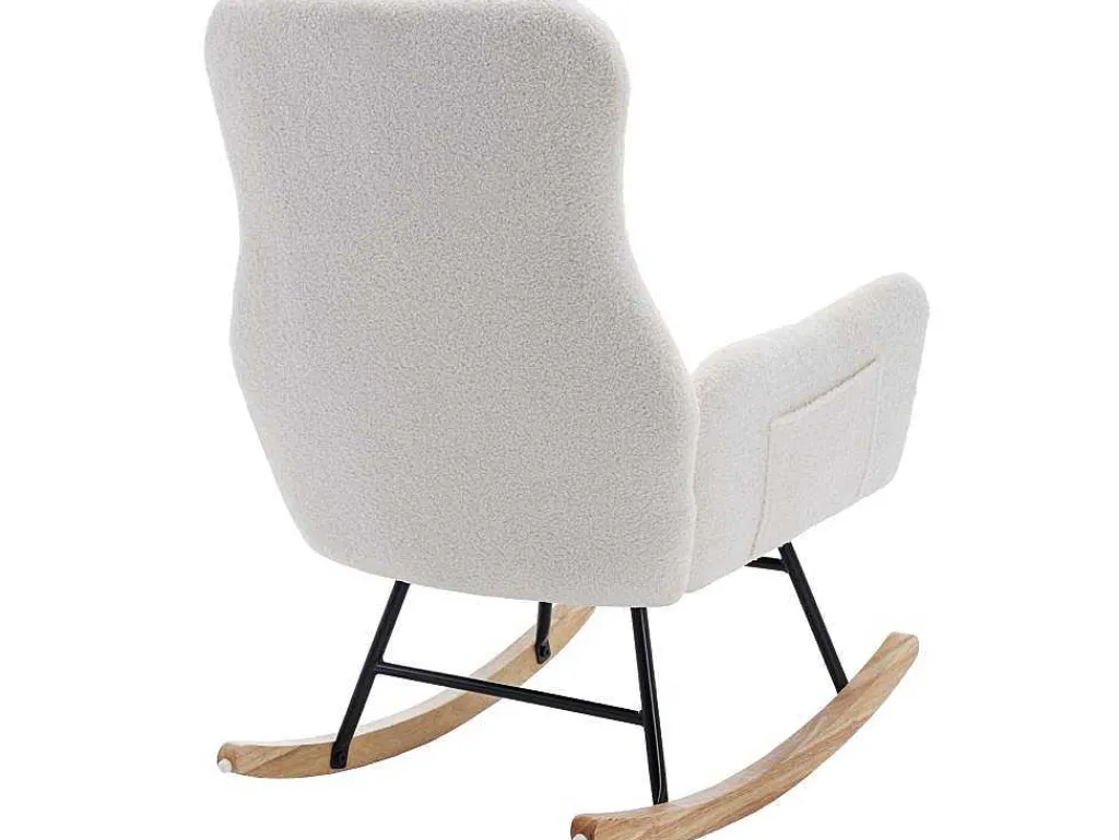 Schommelstoel - Relaxstoel Voor In De Woonkamer - Opgevuld Met Teddypluche - Vakjes Aan De Zijkant Van De Armleuningen - Houten Onderstel - Wit-ModernLuxe Best