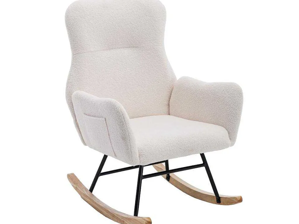 Schommelstoel - Relaxstoel Voor In De Woonkamer - Opgevuld Met Teddypluche - Vakjes Aan De Zijkant Van De Armleuningen - Houten Onderstel - Wit-ModernLuxe Best